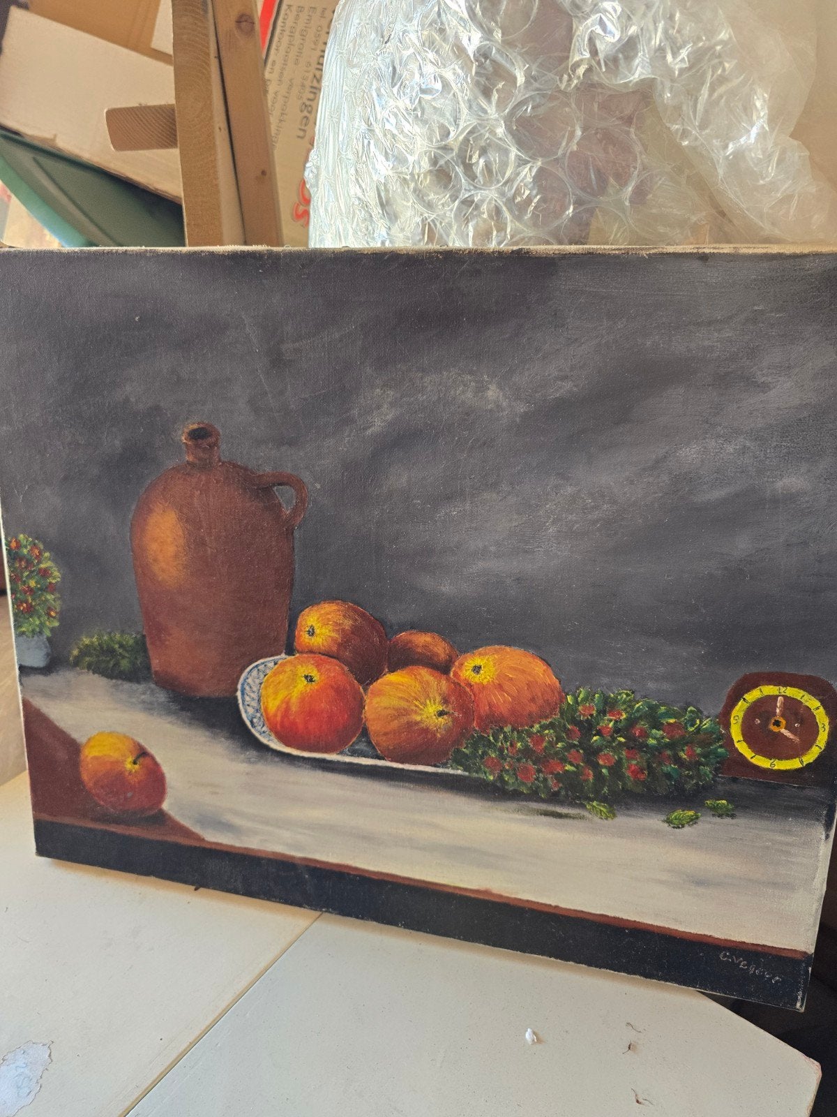 Stilleven met fruit, kruik en klok, gesigneerd, Antiek en Kunst, Origineel werk, Doek, Stilleven, Ophalen of Verzenden