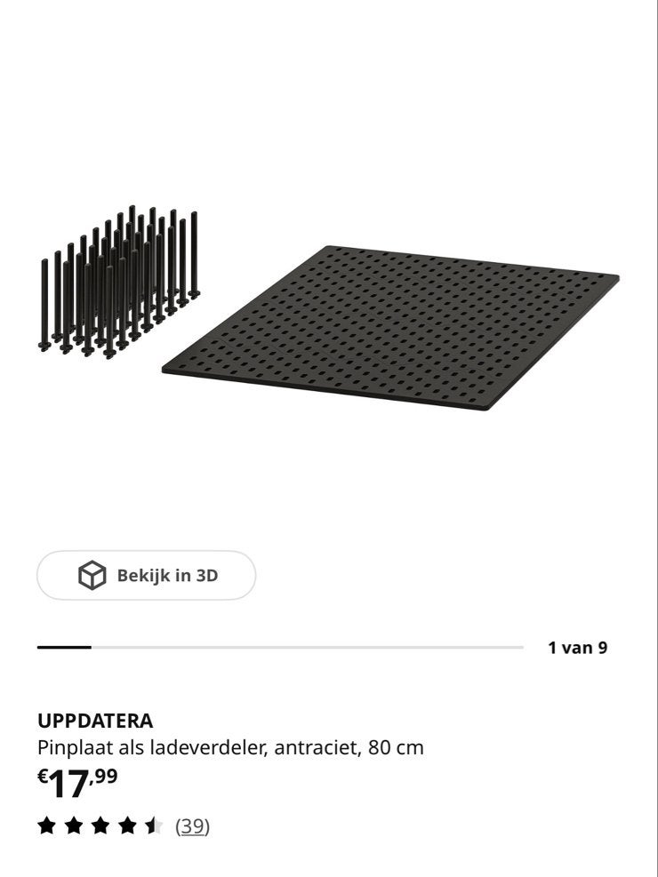 Zo goed als nieuwe IKEA UPPDATERA pinplaat ladeverdeler 80cm, Ophalen, Overige typen, IKEA, Kunststof