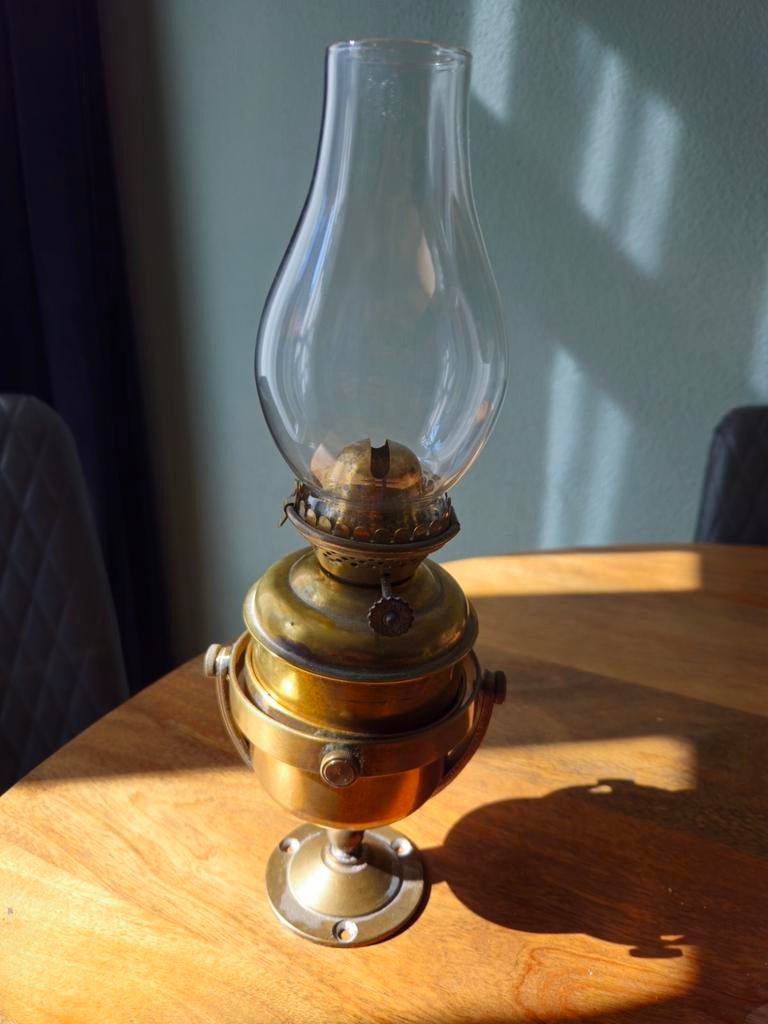Vintage messing scheepslamp / petroleumlamp origineel glas, Ophalen of Verzenden