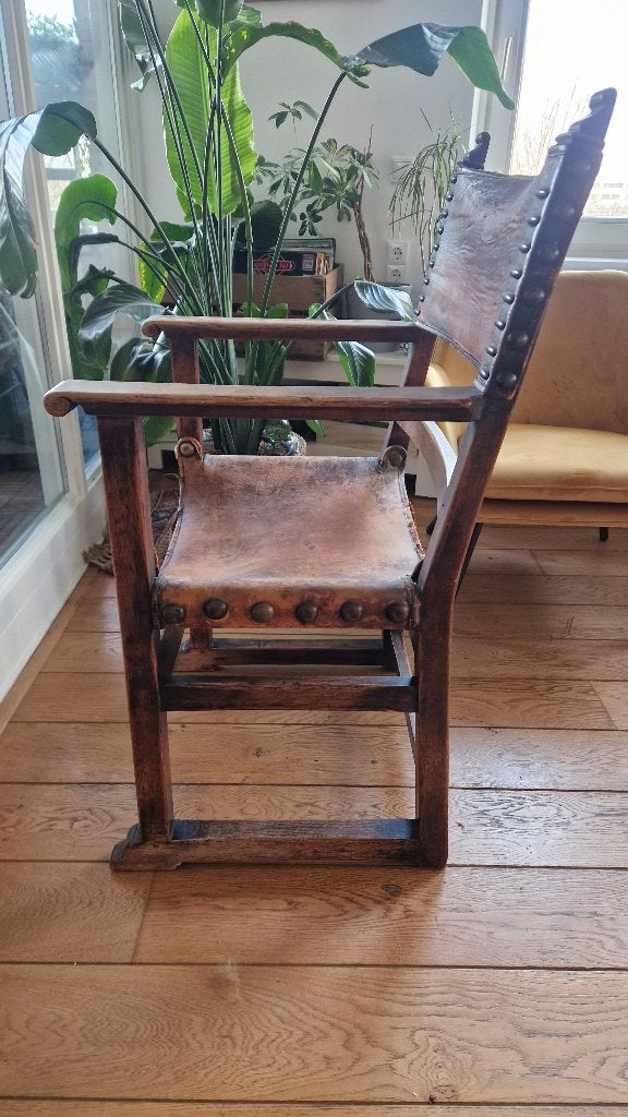 Antieke Spaanse Stoel - Leer & Hout, Ophalen