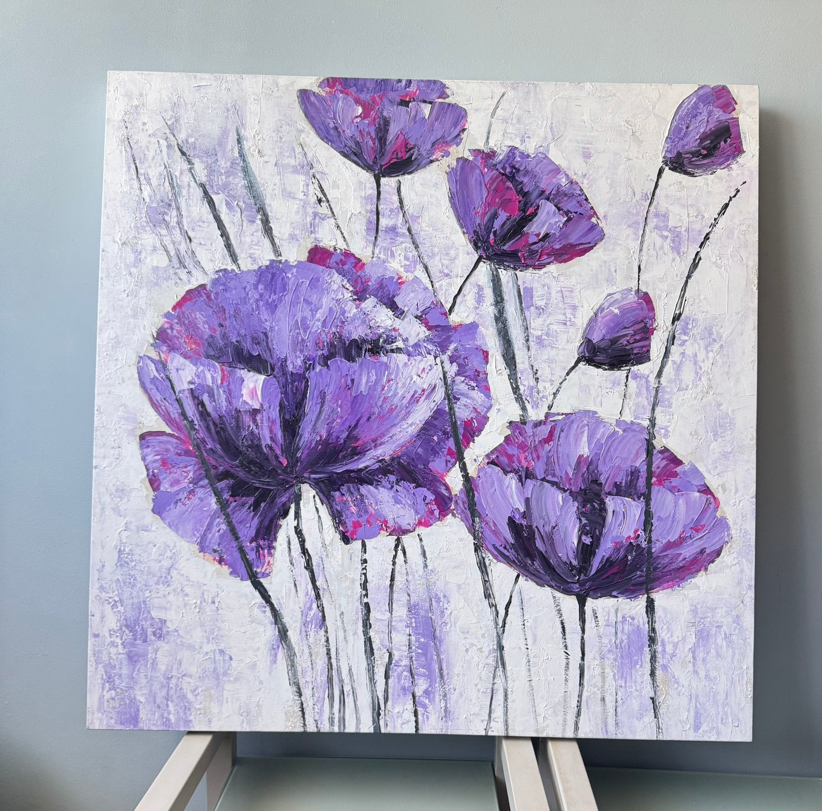 GROTE 90x90cm schilderij acrylic canvas Lilac paarse bloemen, Ophalen, Zo goed als nieuw, Schilderij