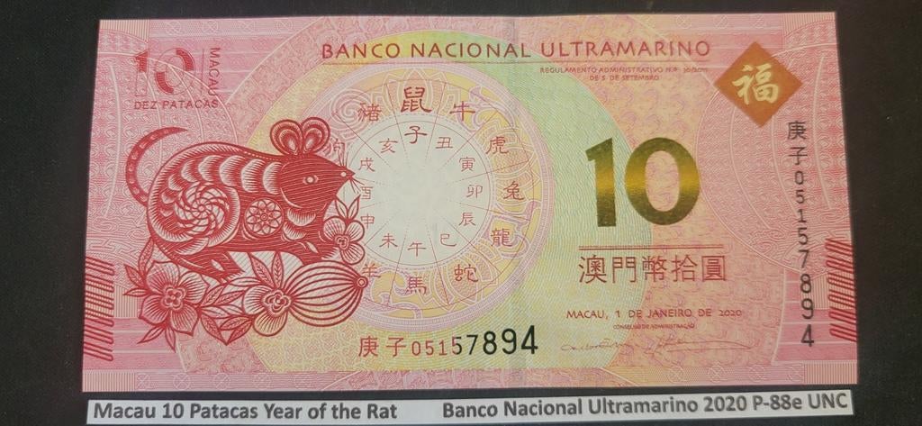 Macau 10 Patacas Year of the Rat 2020  P88e UNC, Ophalen of Verzenden
