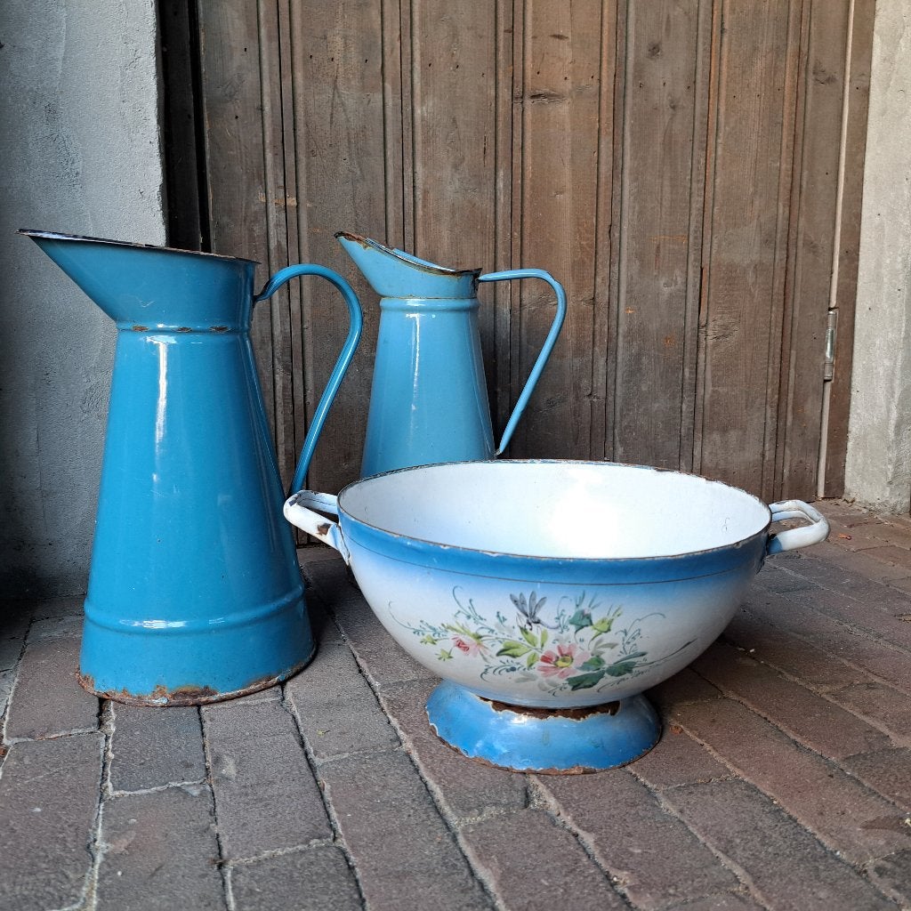 Oude Franse emaille waterkan blauw schaal op voet *Etage3*, Gebruikt, ., Ophalen of Verzenden, .