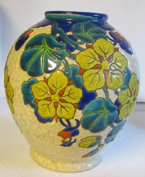 art deco Boch Keramis vaas bladeren atelier Catteau 177, Verzenden