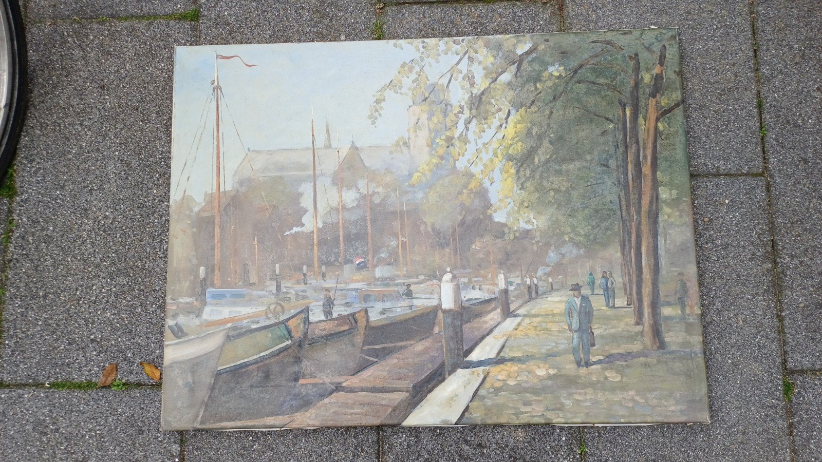 Olieverfschilderij: Haven met boten en figuren, Ophalen