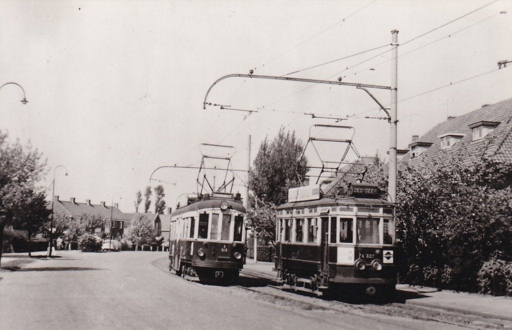 749V Oegstgeest, stadstram traject Leiden - Oegstgeest, Ophalen of Verzenden, 1940 tot 1960, Ongelopen, Zuid-Holland