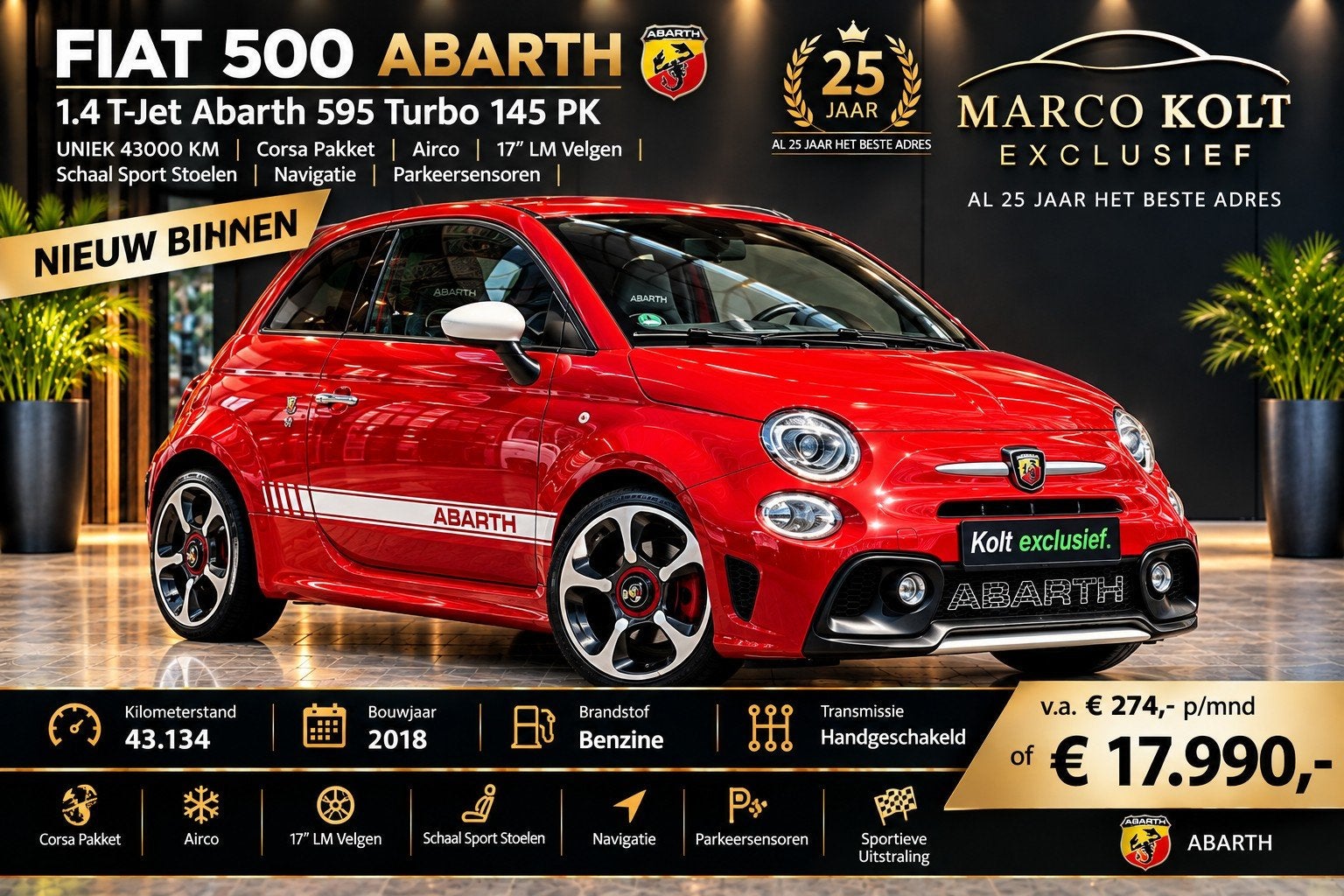 Fiat 500 1.4 T-Jet Abarth 595 Turbo 145 PK | UNIEK 43000 KM, Voorwielaandrijving, Stof, Gebruikt, Zwart