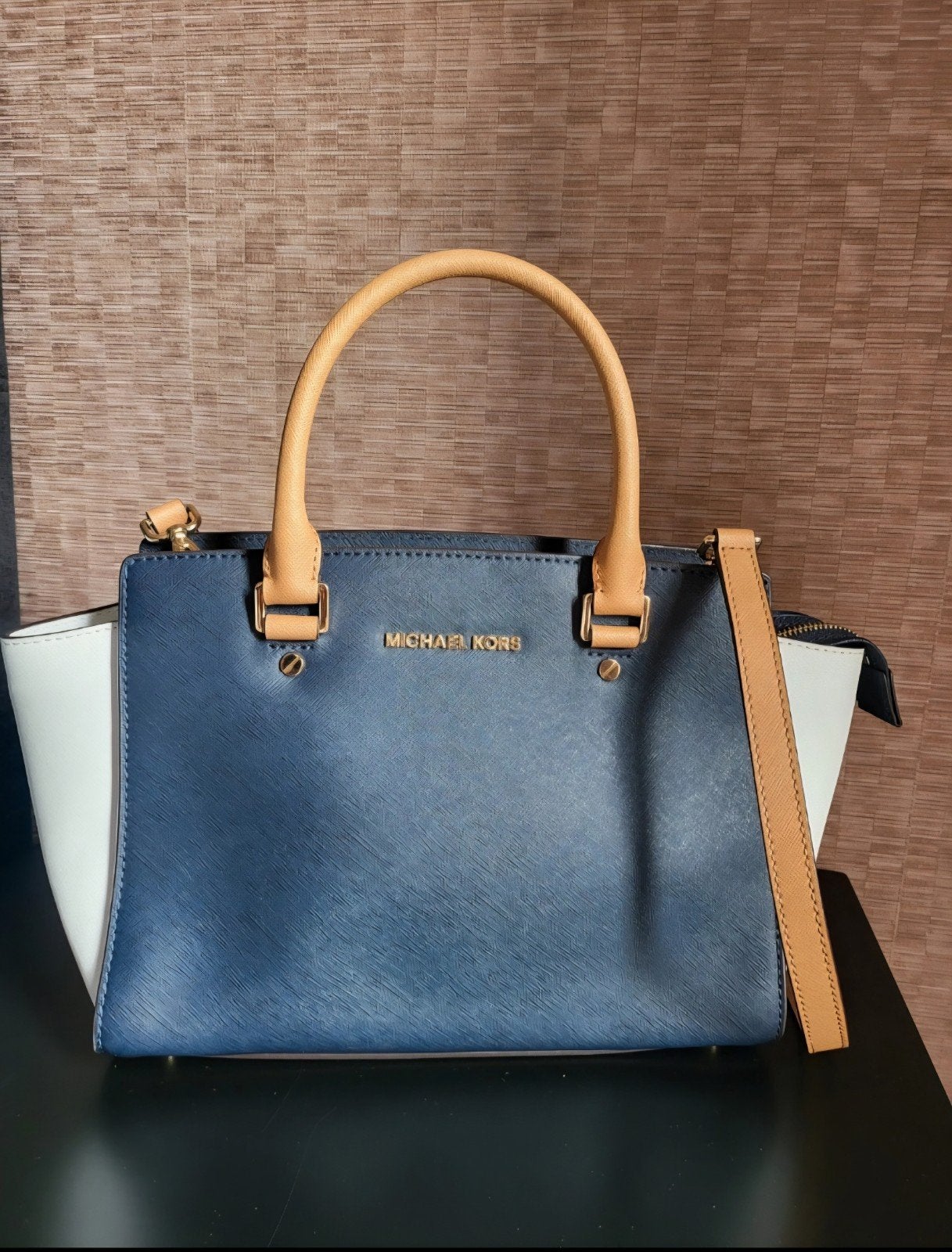 Michael Kors Handtas - Blauw/Wit met Bruine Details, Ophalen of Verzenden