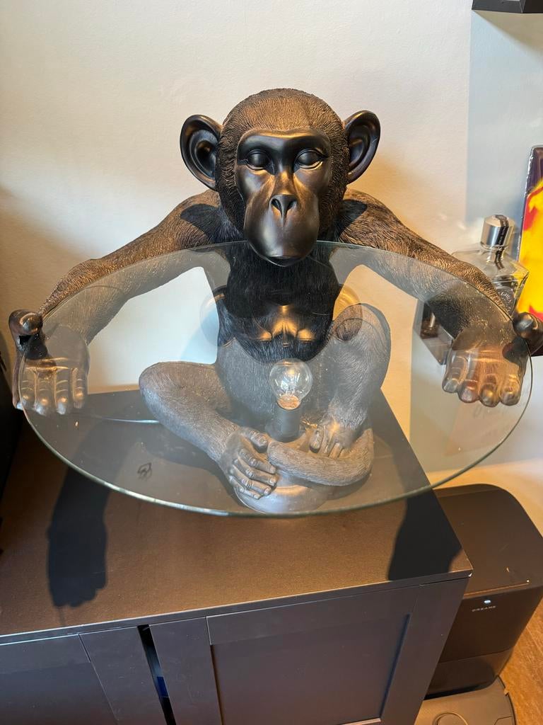 Unieke Apenlamp met Glazen Tafelblad, Ophalen, Zwart, Kunststof, Zo goed als nieuw