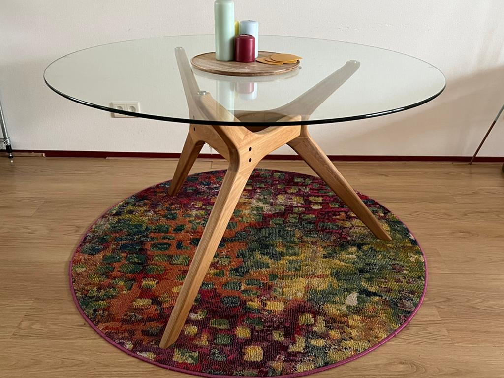 Ronde eettafel AM.PM. Glas en eikenhouten onderstel. Zgan, Huis en Inrichting, Tafels | Eettafels, Ophalen, Glas, Rond, Zo goed als nieuw