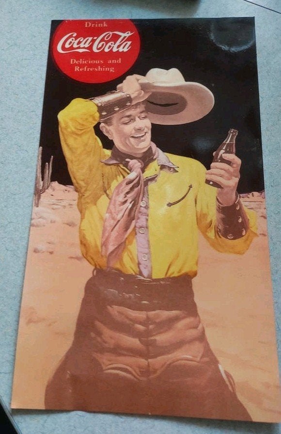 Vintage Coca-Cola reclamebord cowboy, Verzamelen, Merken en Reclamevoorwerpen, Ophalen of Verzenden, Gebruikt, Reclamebord