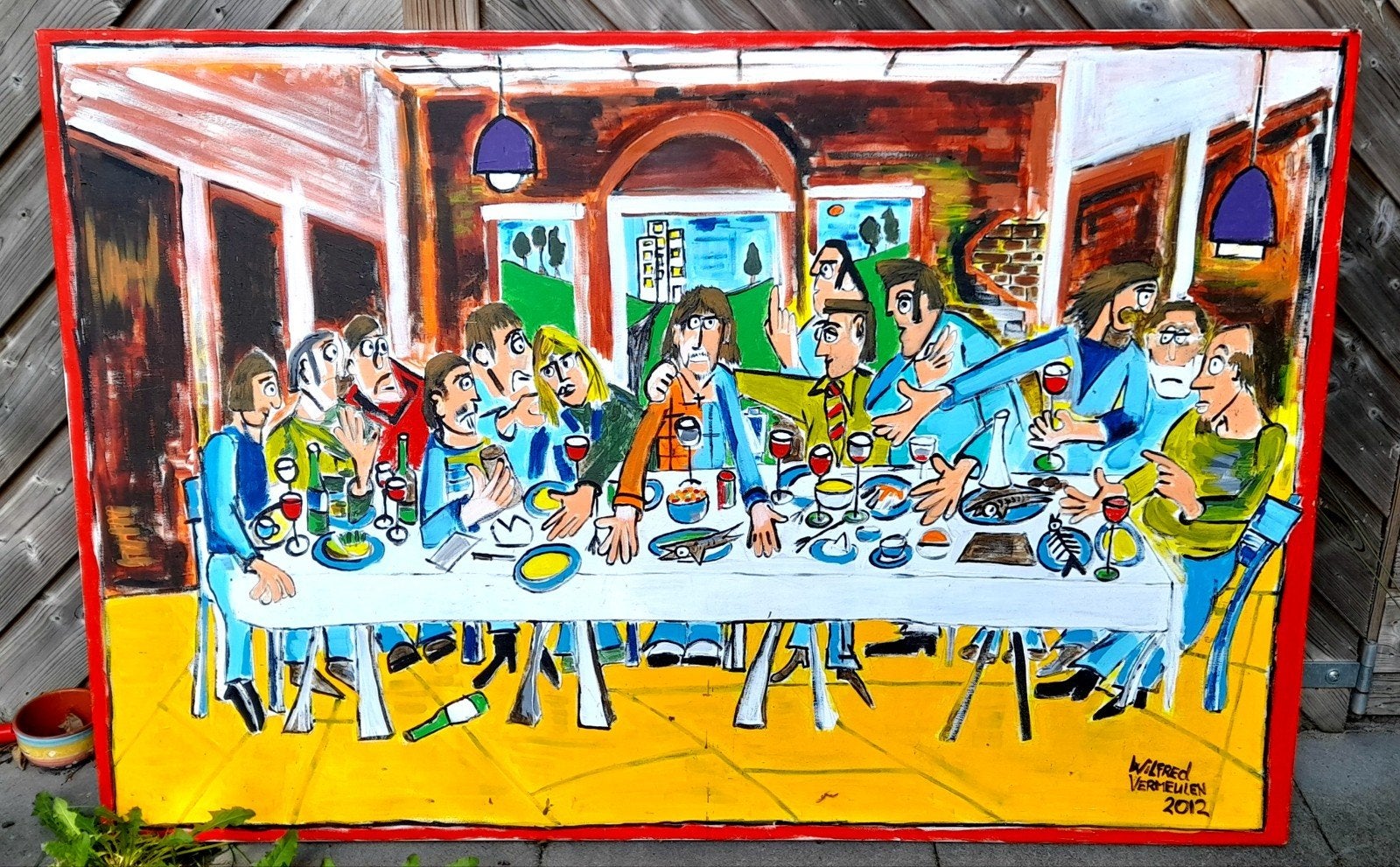 Schilderij 'Het Laatste Avondmaal' - Wilfred Vermeulen, Acrylverf, Overig onderwerp, Ophalen of Verzenden, Gesigneerd
