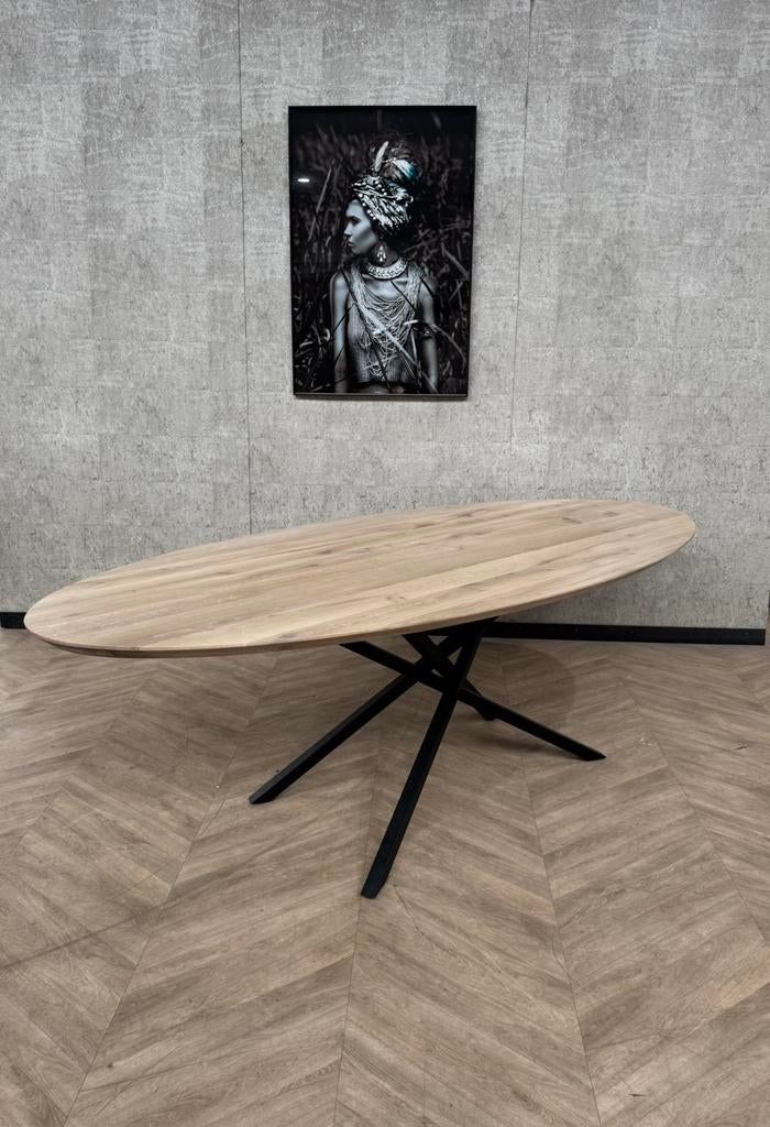 Grote eiken eettafel ovaal 260cm x 120cm incl frame, Huis en Inrichting, Tafels | Eettafels, Firma Hout en Staal, 100 tot 150 cm