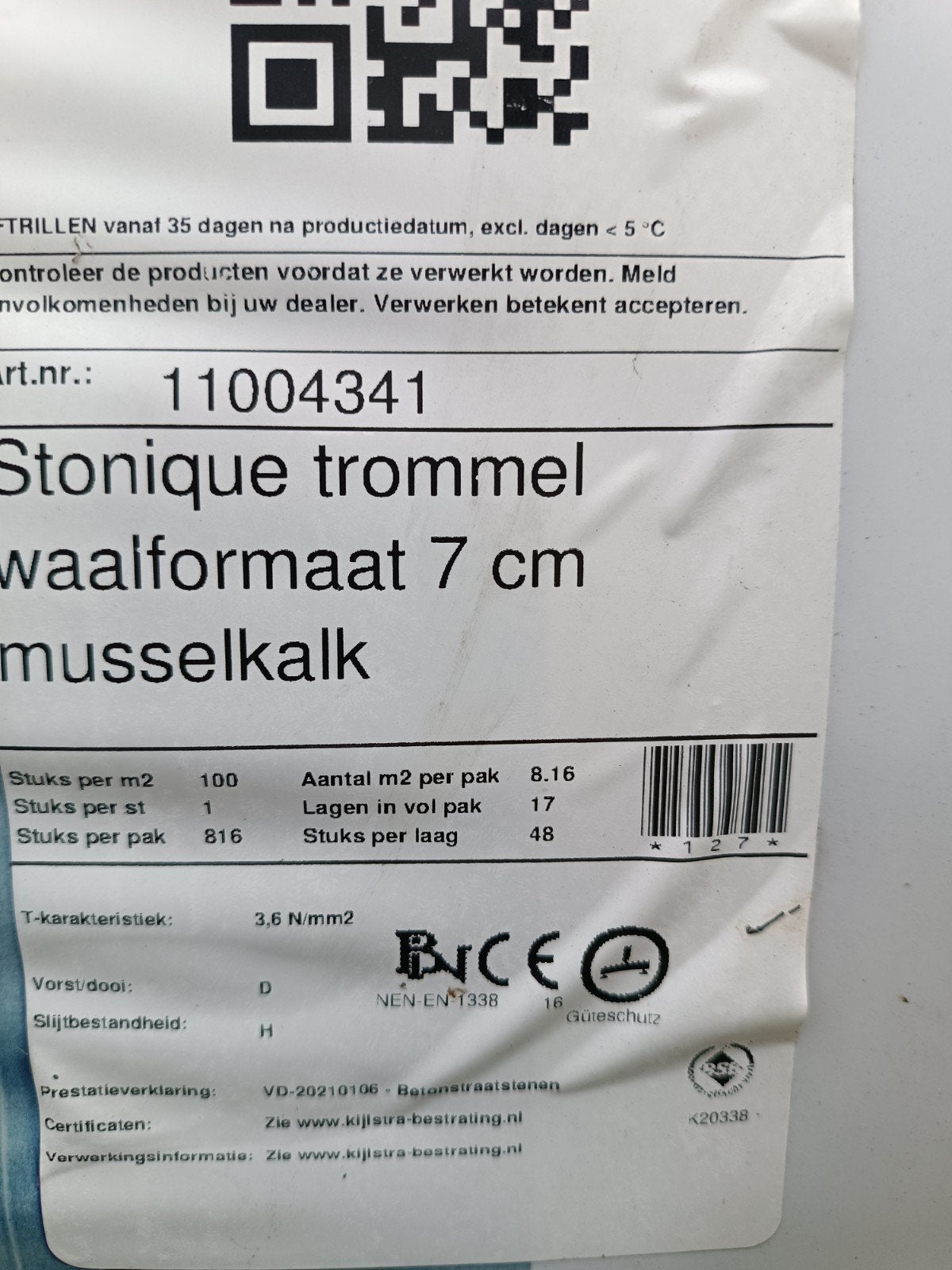 Nieuw 57,12 m2 stonique trommel waalformaat 7 cm musselkalk, Ophalen, Klinkers, Nieuw, 10 m² of meer