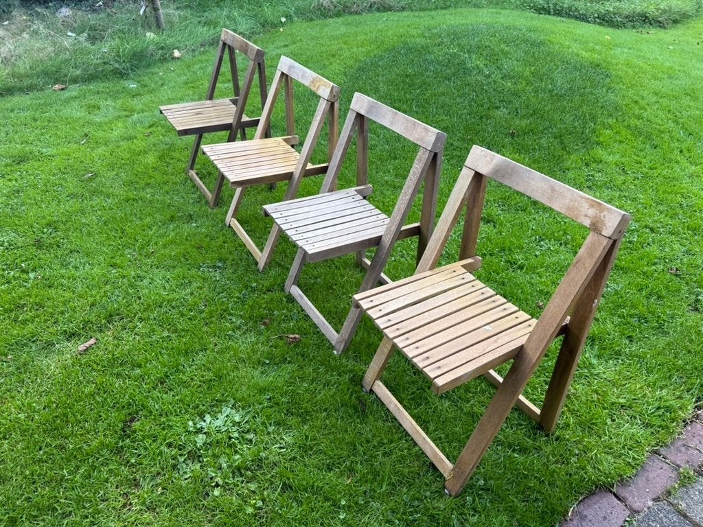 Vintage : 4 st  :Trieste - Aldo Jacober - prijs verlaagd, Huis en Inrichting, Ophalen, Gebruikt, Bruin, Vintage : Folding slat chairs - Trieste - Aldo Jacober