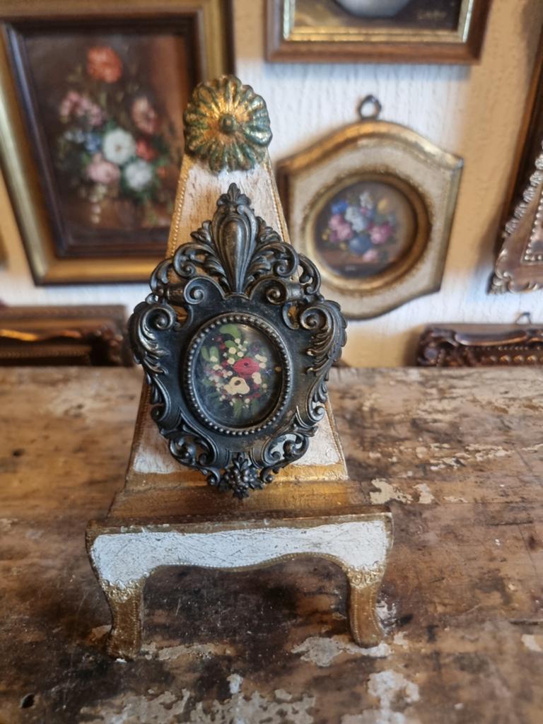 Oud mini olieverf schilderijtje bloemen stilleven O60, Ophalen of Verzenden