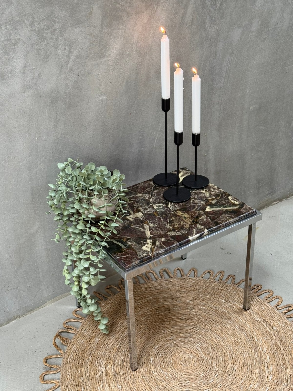 Vintage bijzettafel met expoxy blad en verchroomd frame, Ophalen, Minder dan 45 cm, Minder dan 55 cm, Q