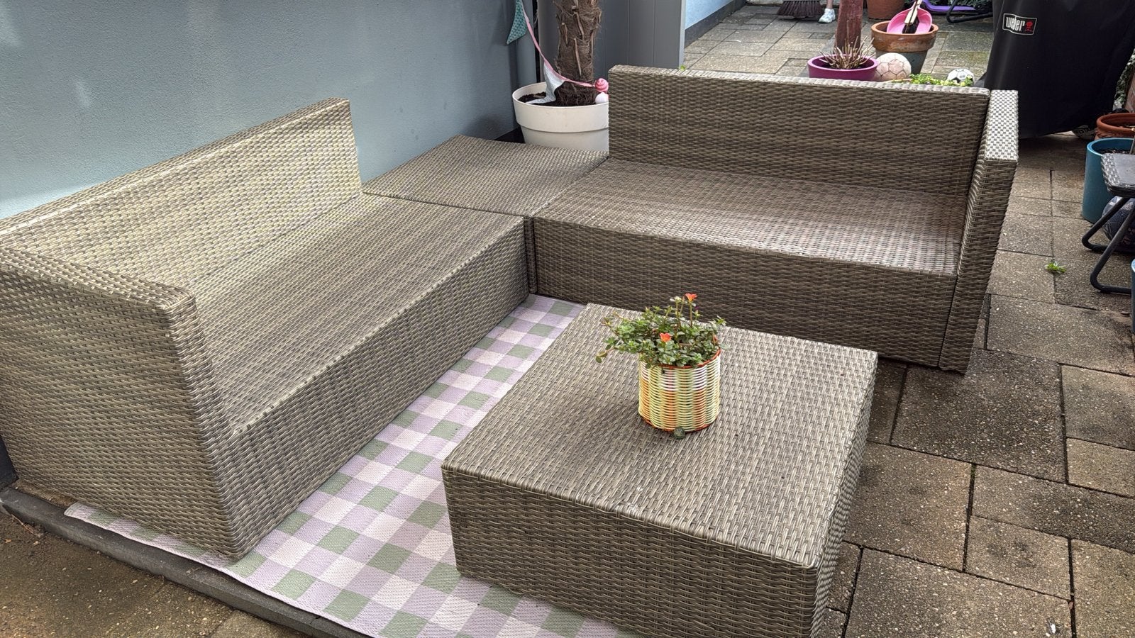 Wicker loungeset bruin/grijs - flexibel op te stellen, Ophalen, 4 zitplaatsen, Gebruikt, Loungeset
