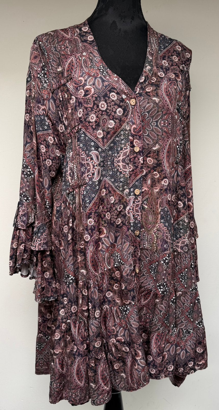 Superleuke bruin/blauwe blouse paisleyprint roezels 52/54, Made in Italy, Meerkleurig, Blouse of Tuniek, Ophalen of Verzenden