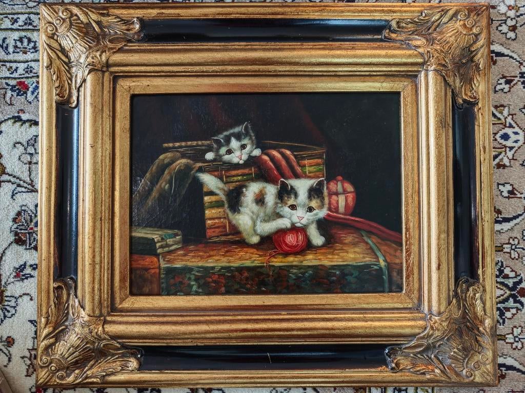 Schilderij: Speelse Kittens met Wolbal in Barokke Lijst, Antiek en Kunst, Kunst | Schilderijen | Klassiek, Ophalen