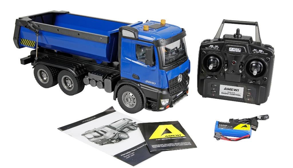 Amewi Mercedes-Benz Arocs Dump Truck 6x4 RTR blue 22537, Elektro, Schaal 1:14, Nieuw, Ophalen of Verzenden