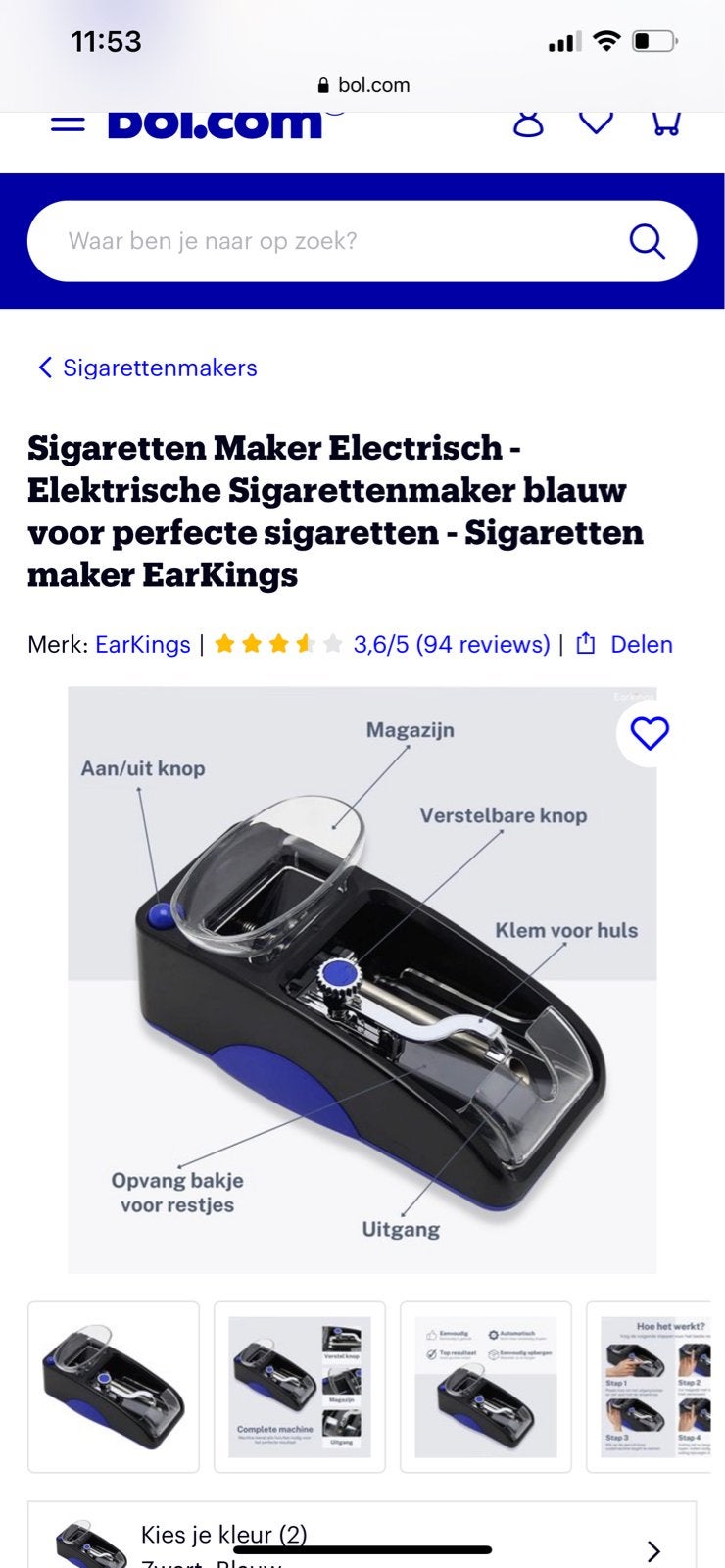 Elektrische Sigarettenmaker Blauw - EarKings, Ophalen of Verzenden, Nieuw, Overige typen