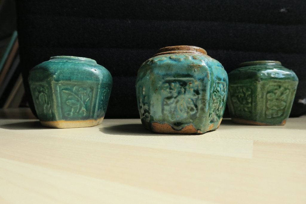3 antieke groene Chinese gemberpotjes, Verzenden