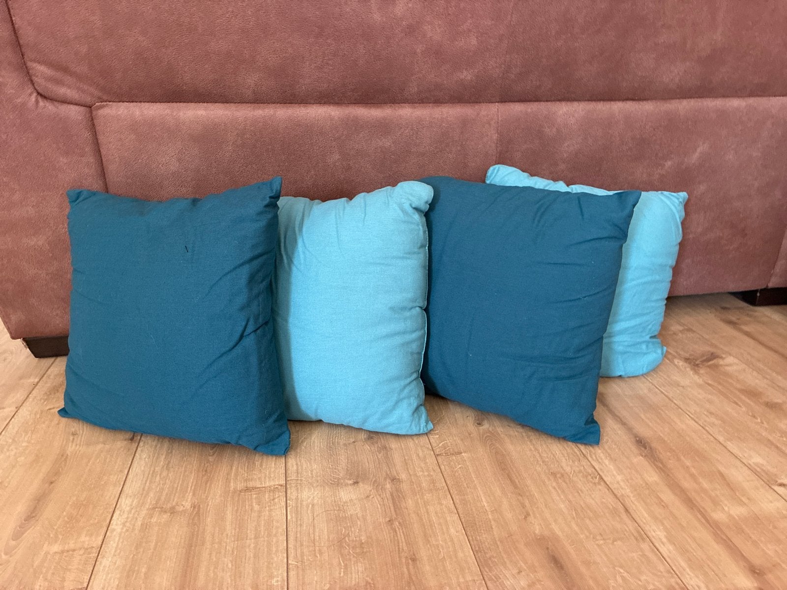 Set van 4 blauwe sierkussens, Gebruikt, Blauw, Vierkant, Ophalen of Verzenden