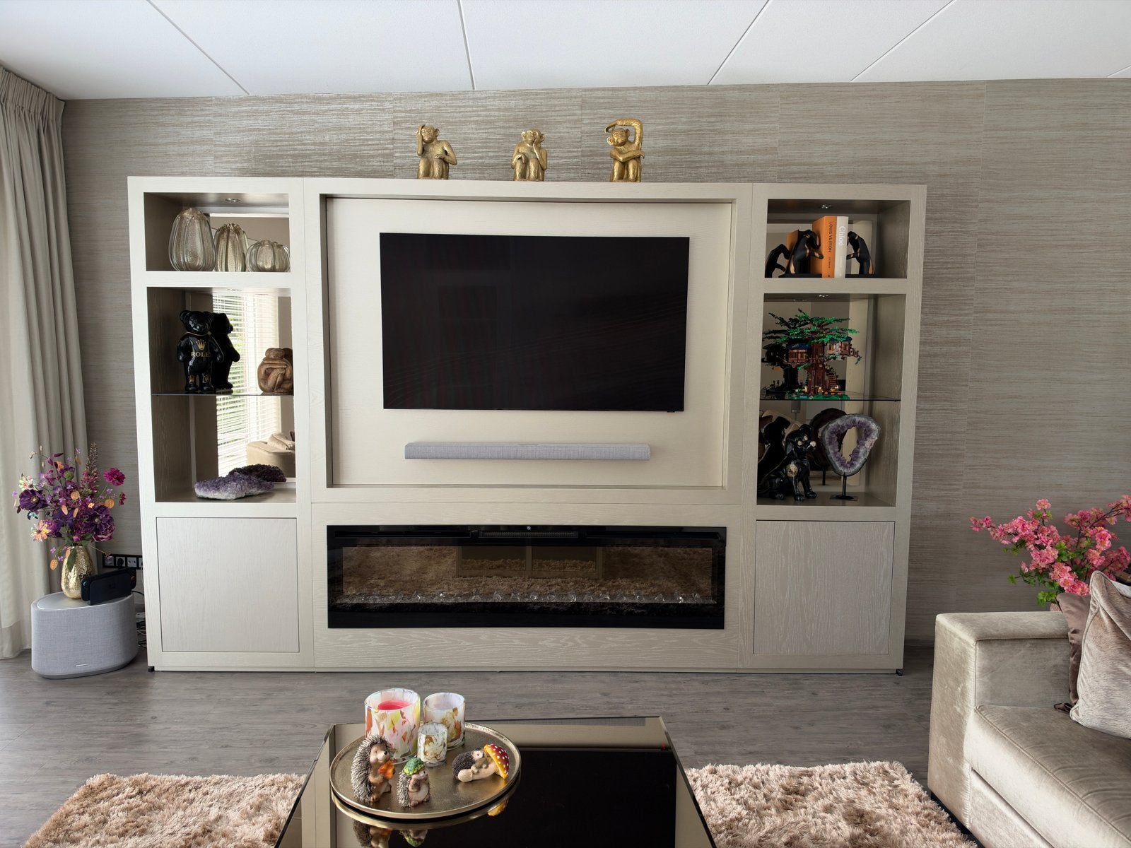 Luxe Cinewall met Fireplace en Verlichting, Ophalen, 200 cm of meer, 25 tot 50 cm, Glas