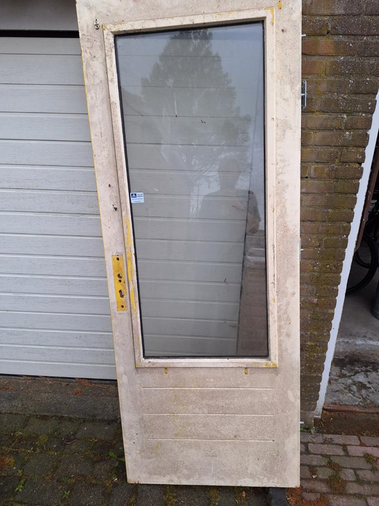 Hardhouten voordeur, Doe-het-zelf en Verbouw, Deuren en Horren, Ophalen, Gebruikt, 200 tot 215 cm, Glas