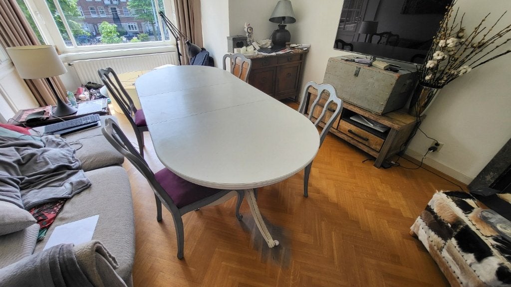 Antieke brocante uitschuifbare eettafel met 4 stoelen, Antiek en Kunst, Ophalen
