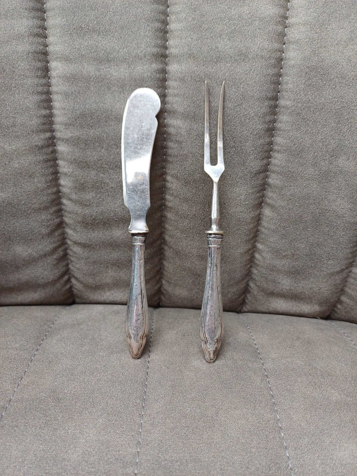 Antiek zilver 800 vleesvork en botermes set, Ophalen of Verzenden