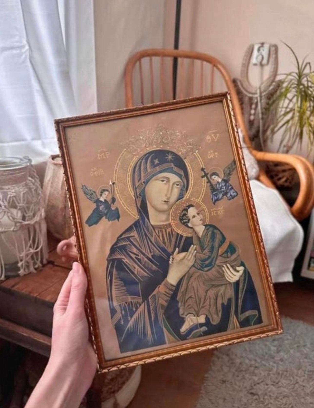 Schilderij met goudkleurige lijst van maria en jezus, Ophalen of Verzenden