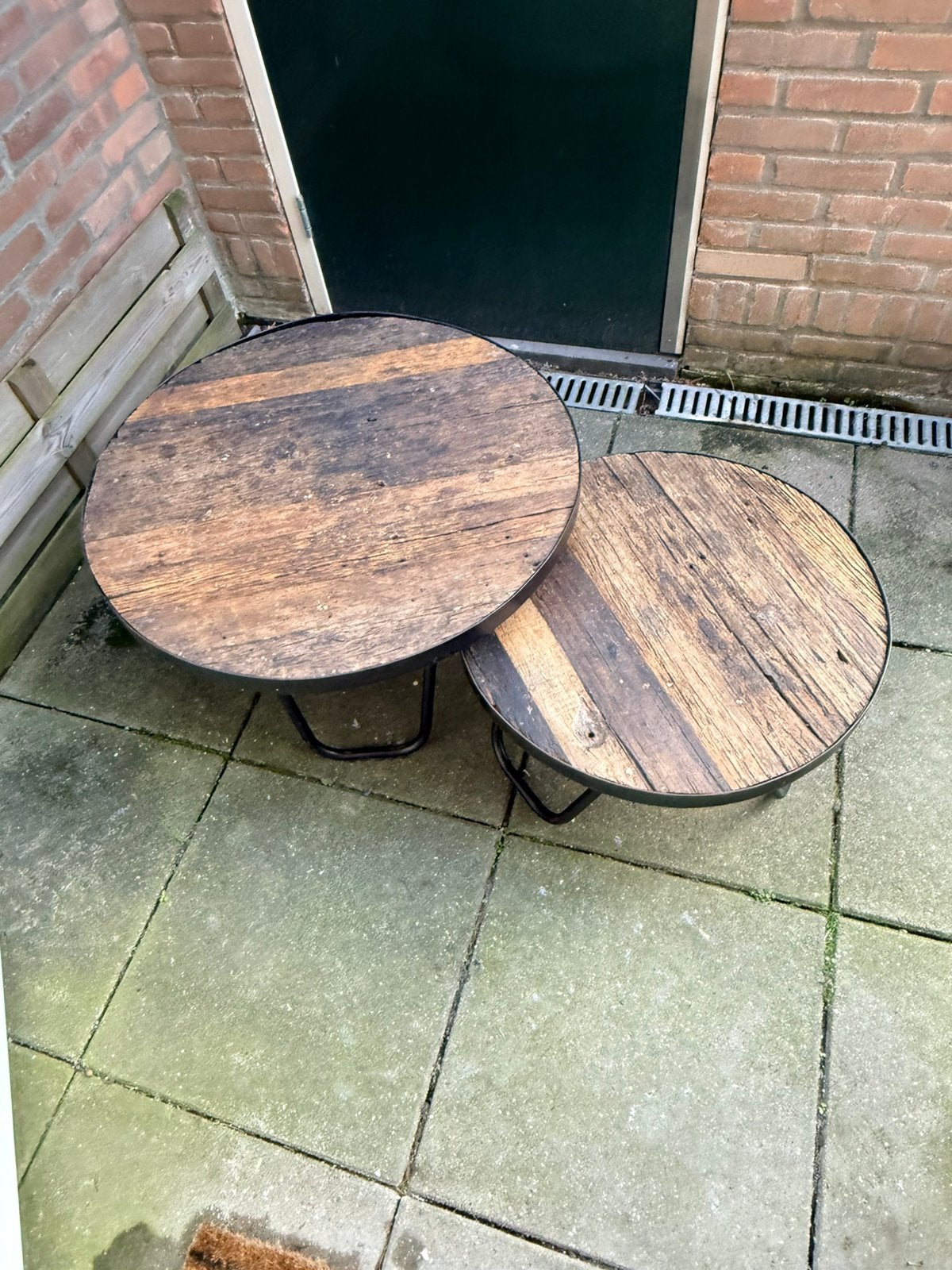 Set 2 ronde industiële salontafels, Ophalen, Gebruikt, 50 tot 100 cm, 100 tot 150 cm