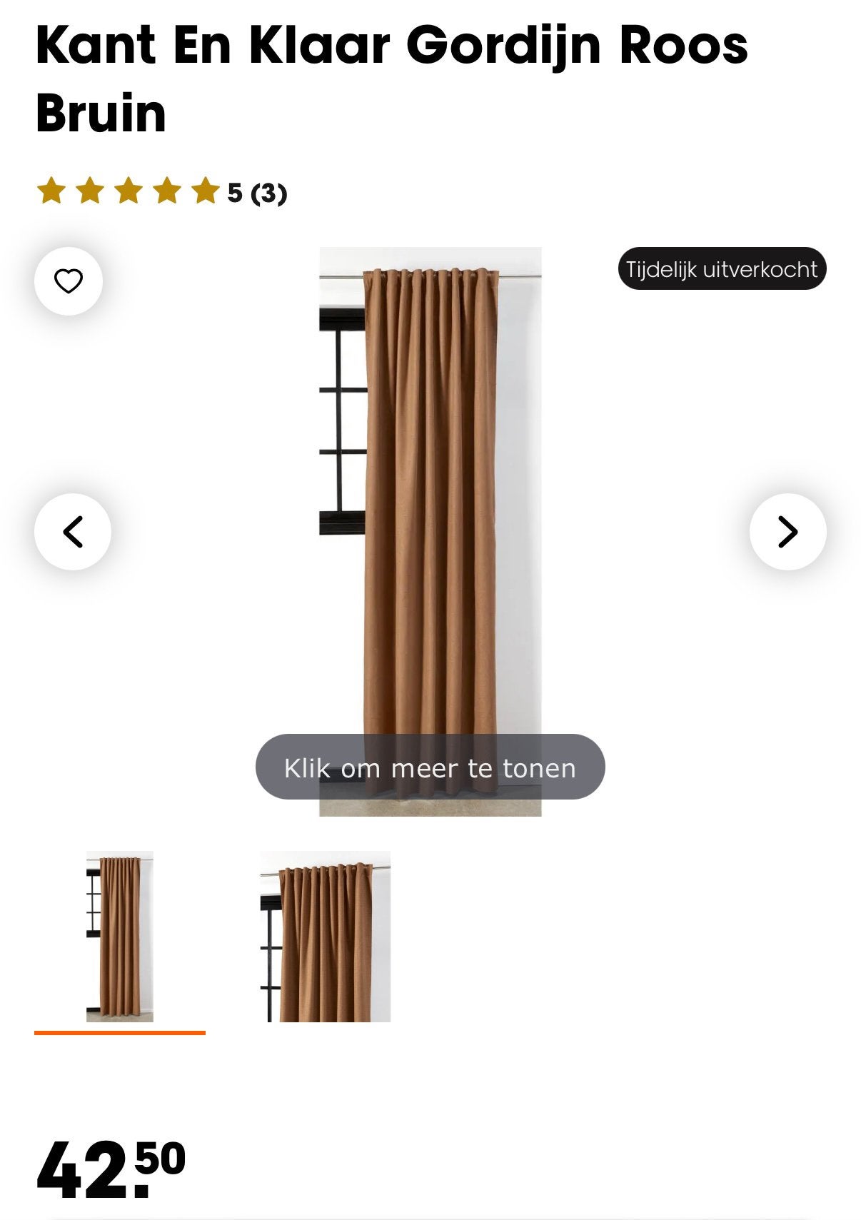 Kant En Klaar Gordijn Roos Bruin, Huis en Inrichting, Bruin, Ophalen of Verzenden, Zo goed als nieuw, Gordijn