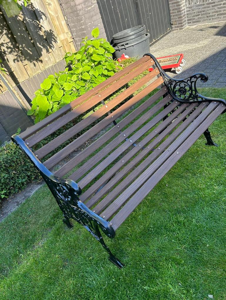 Teakhouten tuinbank met gietijzeren zijkanten, Ophalen, Gebruikt, Teakhout