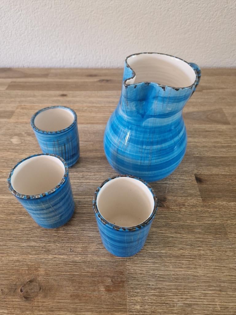 Unieke blauwe kan met 3 bijpassende bekers, Ophalen of Verzenden