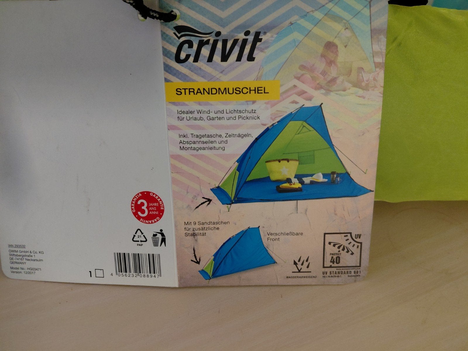Crivit Strandmuschel - Wind- en lichtbescherming, Ophalen of Verzenden, Nieuw, Tot en met 2