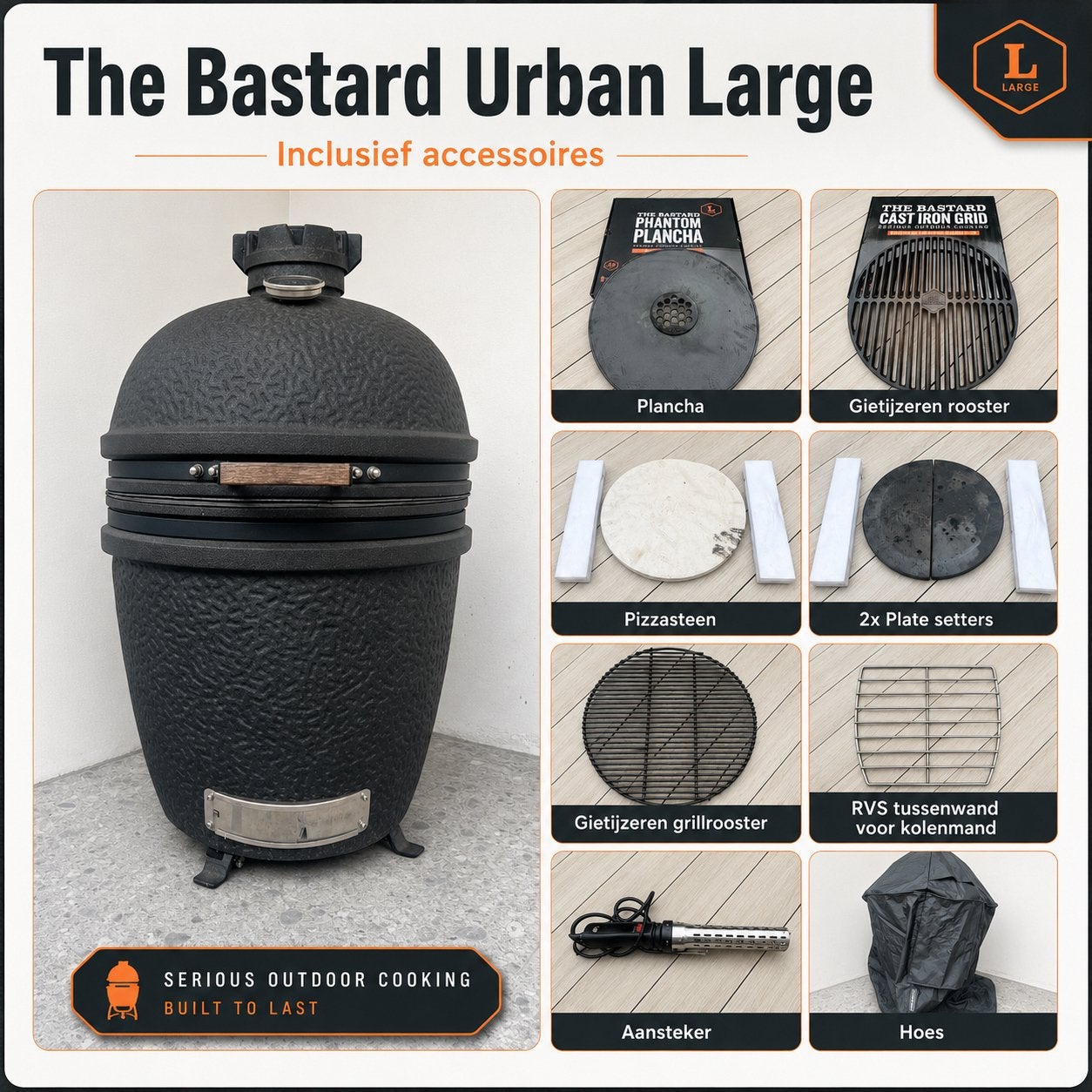 Kamado The Bastard Urban Large Solo + accessoires, Tuin en Terras, Ophalen, Gebruikt, Met accessoires