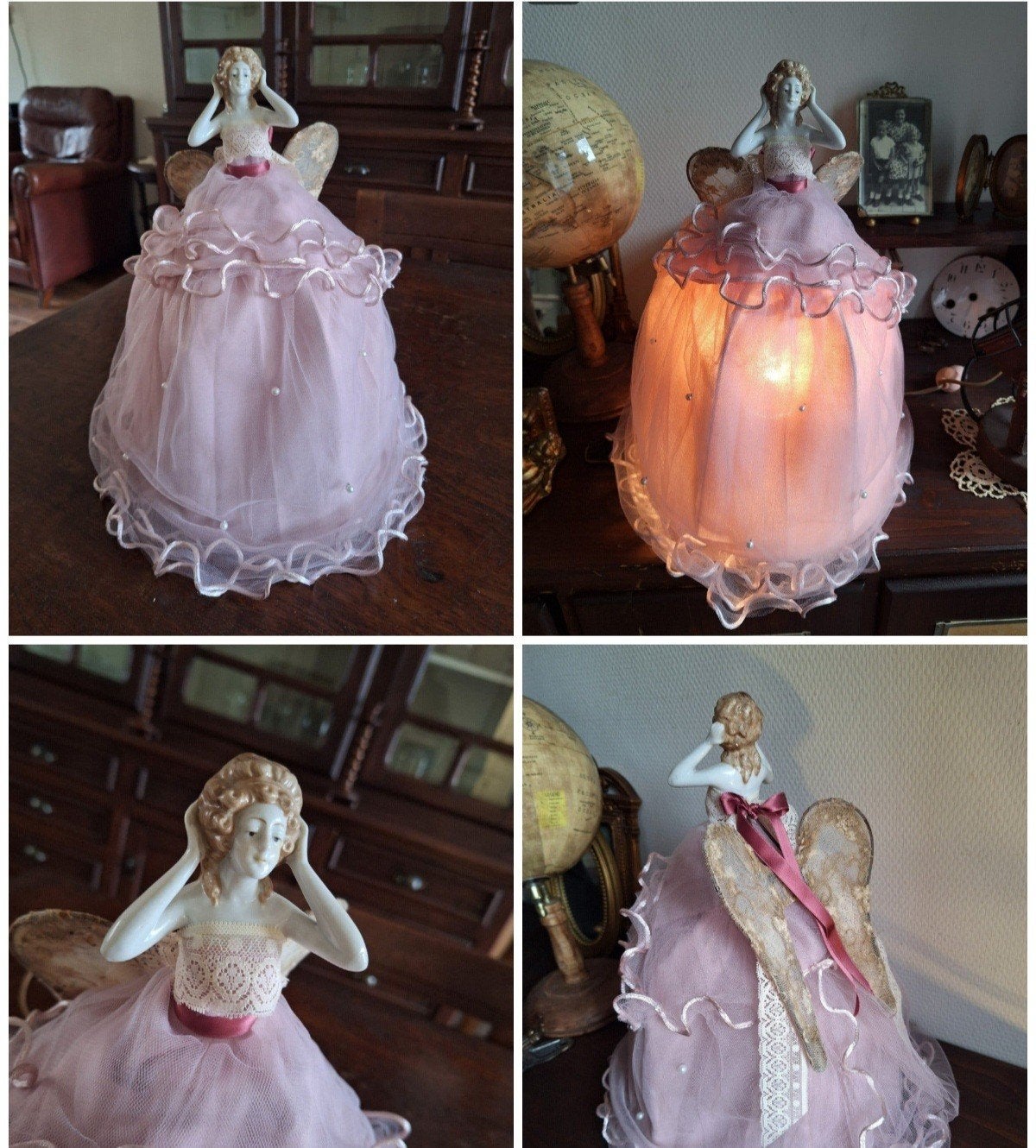 Antieke Porseleinen Halfdoll Lamp met Roze Tule Kap, Ophalen of Verzenden