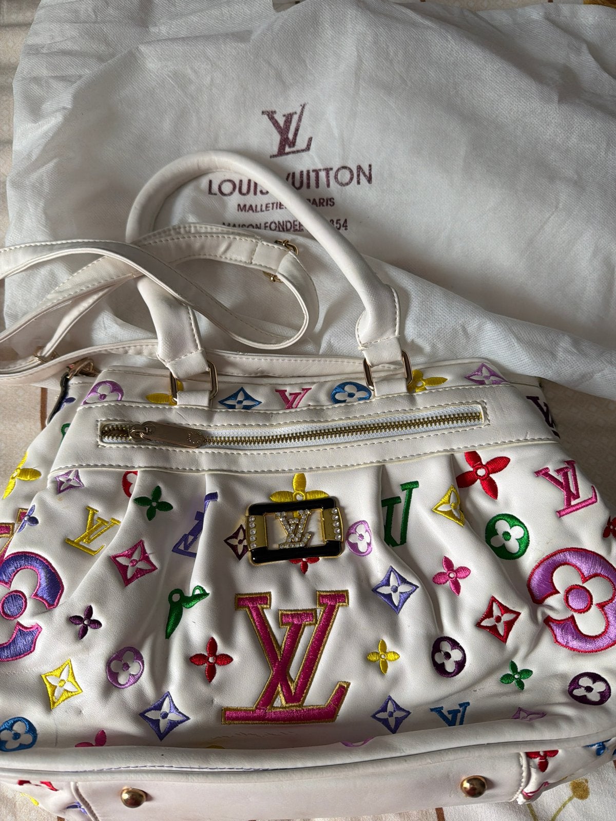 Witt  handtas met kleurrijke logo's, Ophalen of Verzenden, Zo goed als nieuw, Wit, Handtas