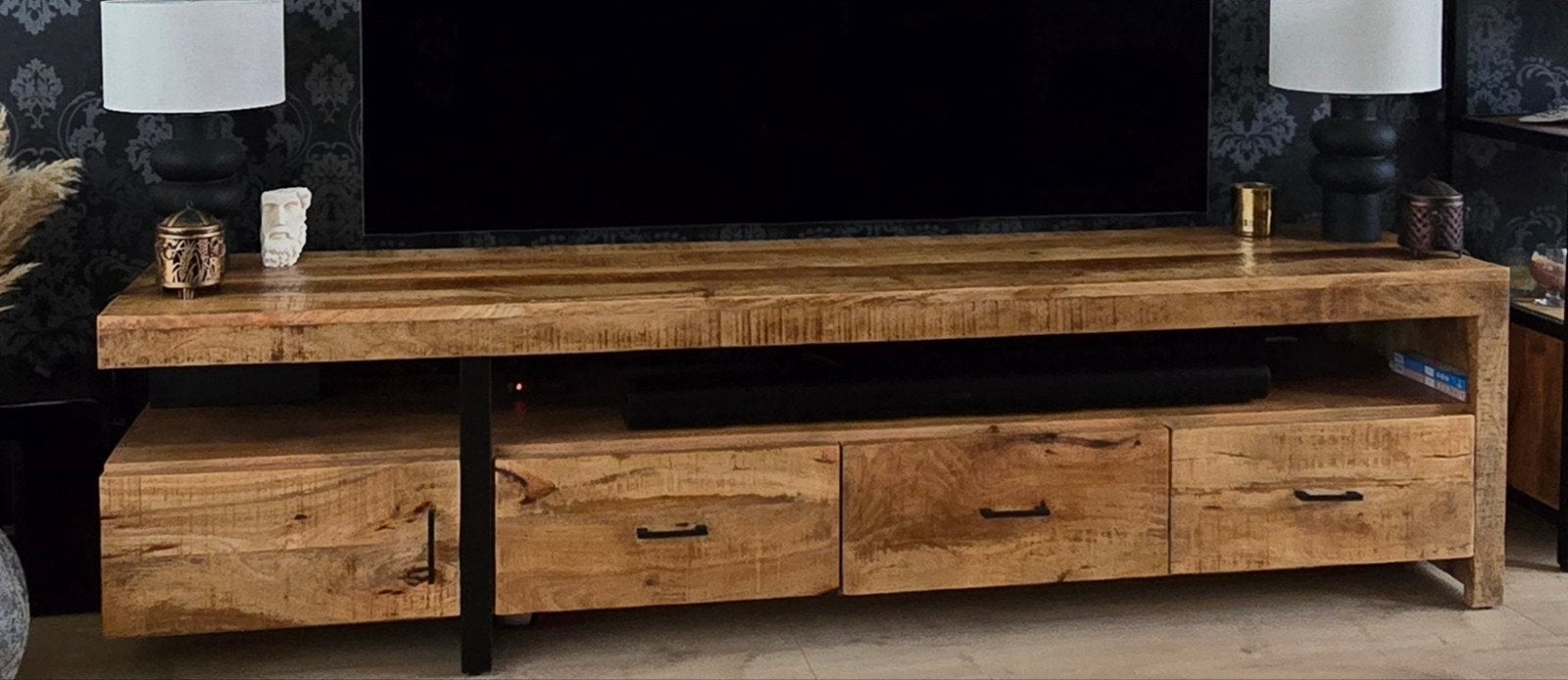 tv dressior Mangohout sparrow zgan 2.40 meter lang, Ophalen, Industrieel landelijk, Teakhout, 50 tot 100 cm