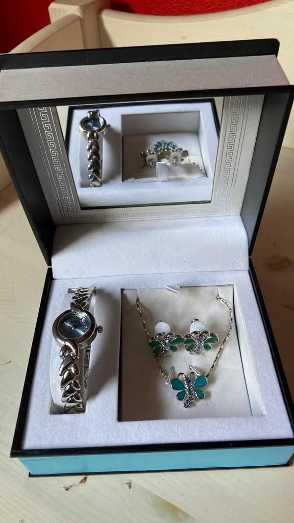 Sieradenset vlinders in mooie sieradendoos met spiegel, Ophalen of Verzenden, Nieuw, Zilver, Overige materialen
