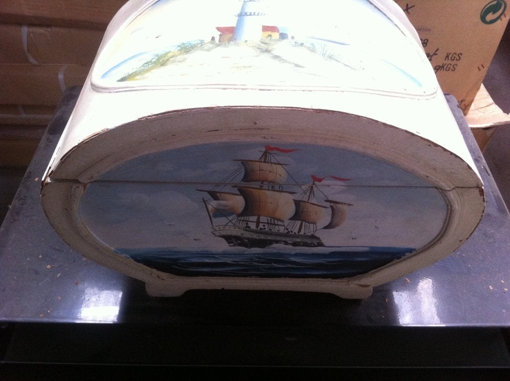 Decoratieve houten wijnkist met maritieme schilderingen, Minder dan 50 cm, Gebruikt, Minder dan 50 cm, Ophalen of Verzenden