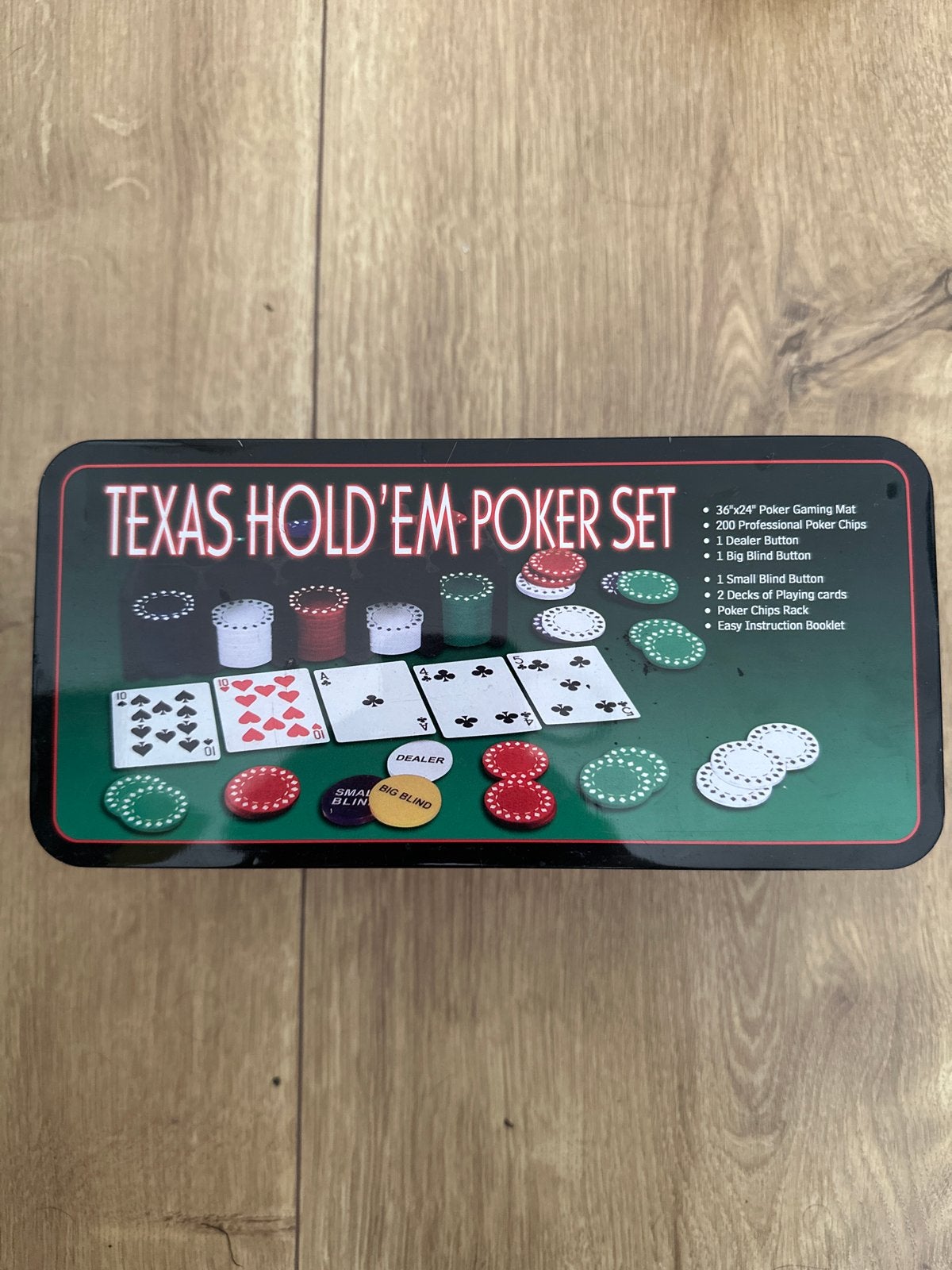 Texas Hold'em Poker Set in blikken doos, Drie of vier spelers, Ophalen, Gebruikt