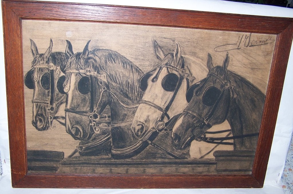 Prachtige grote houtskooltekening van Paarden met tuigage., Antiek en Kunst, Kunst | Tekeningen en Foto's, Ophalen of Verzenden