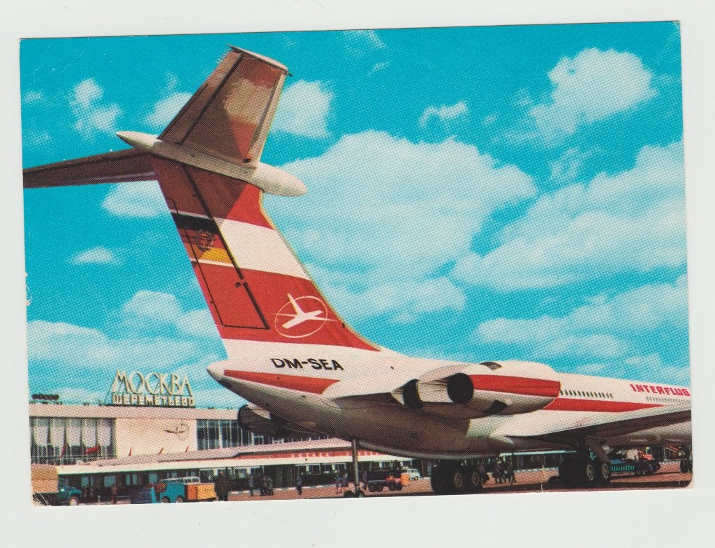 DDR INTERFLUG ILYUSHIN IL-62 MOSKOU postkaart, Ophalen of Verzenden, Gebruikt, Kaart, Foto of Prent