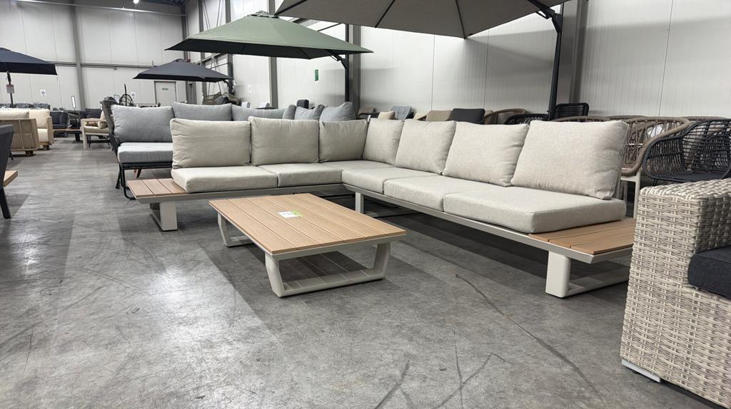 Atlanta hoek loungeset beige aluminium + polywood 305x228cm, Ophalen, Aston Martinlaan 36, 6 zitplaatsen, Bank