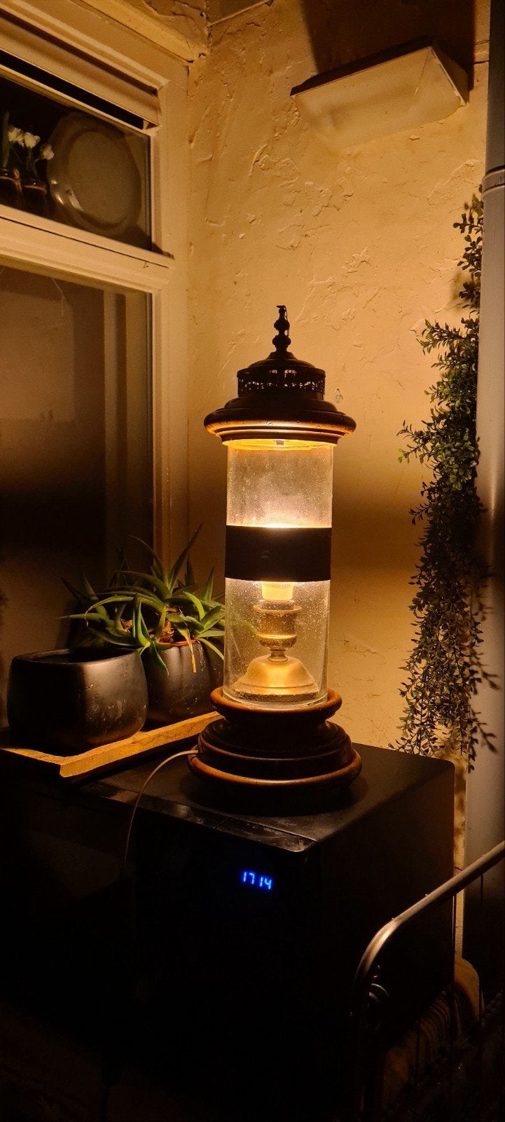Vintage Tafellamp met Houten Voet en Glazen Cilinder, Ophalen of Verzenden