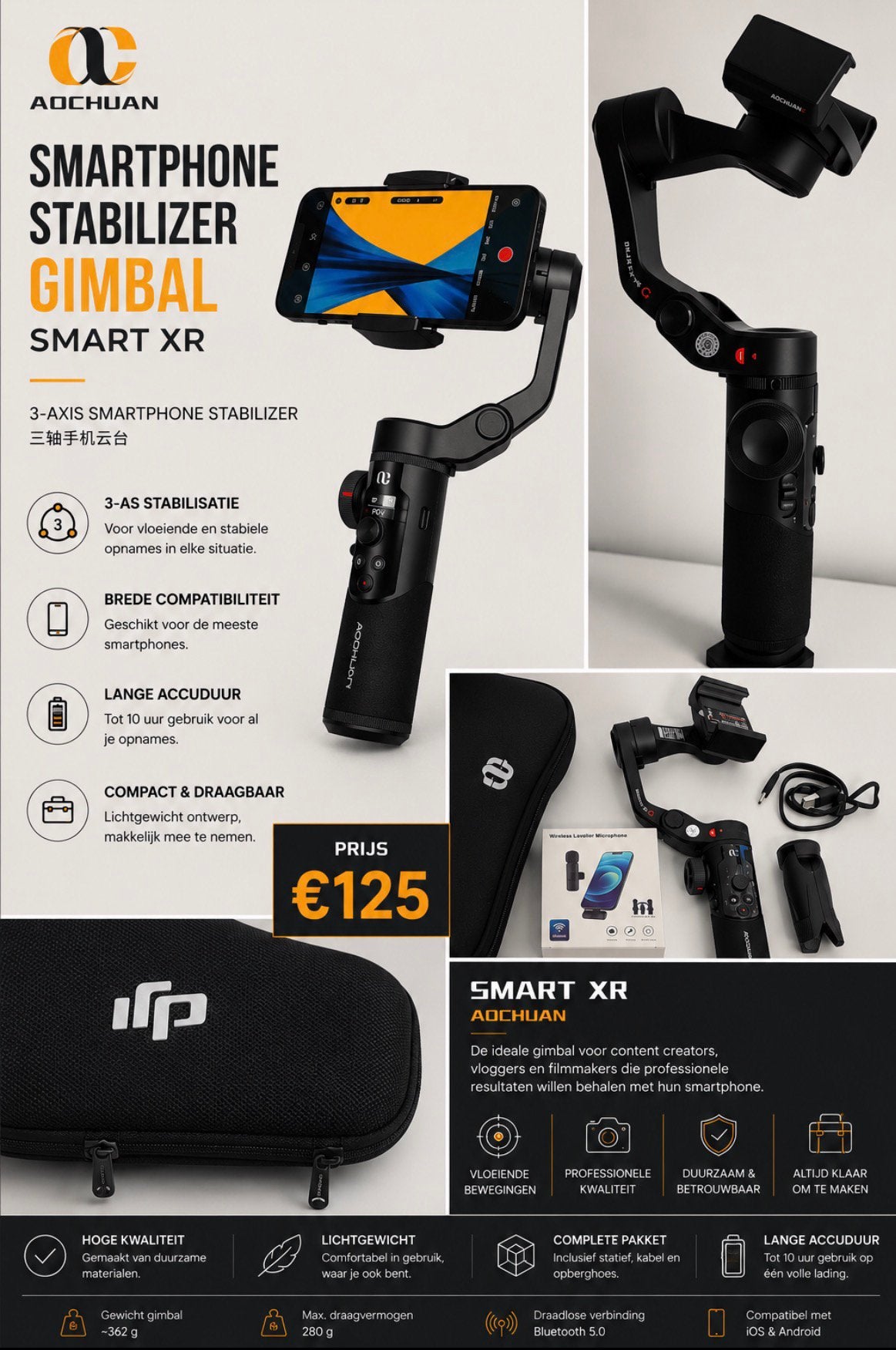 AOCHUAN Smart XR 3-axis smartphone gimbal / stabilizer, Ophalen of Verzenden, Zo goed als nieuw, 125 tot 150 cm, Gimbal
